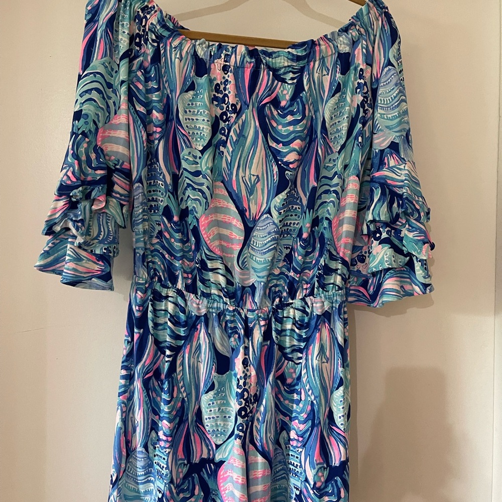 Lilly Pulitzer Navy, Aqua & Pink Off-The-Shoulder Ruffle Romper